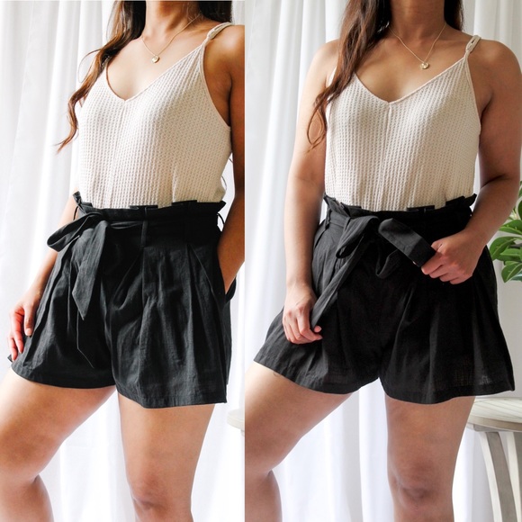Small - Black High Waisted Paperbag Shorts with Waist Tie - Picture 7 of 7